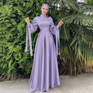 Ropa étnica Moda musulmana Mujeres Vestido de satén islámico Hijab Árabe Plisado Abaya Dubai Manga de globo con cinta Eid Mubarak Vestidos turcos 230620