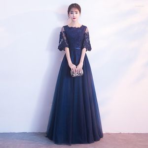 Ropa étnica Vestidos de banquete de estilo oriental de encaje azul marino Chino Vintage Boda Cheongsam Elegante Vestidos de fiesta de noche largos Tamaño XS -