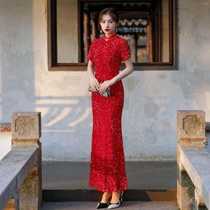 Ropa étnica Tallas grandes 6XL Fiesta de banquetes Vestidos de noche Vestido de estilo chino Cheongsam Satén sexy Qipao Botón vintage Lentejuelas ostentosas