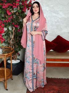 Vêtements ethniques Ramadan Kaftan Dubaï Diamants de luxe Robes longues Imprimé floral Col en V Dentelle Bande Élégante Robe de Soirée Décontractée Femmes Musulmanes Vêtements 230529