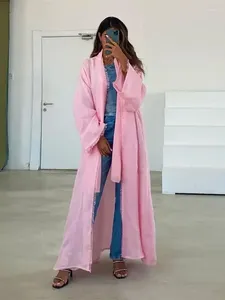 Ropa étnica Ramadán Pink Open Kimono Abaya Prayer Ropa Mujeres Kaftan Turquía Árabe Islam Musulmán Vestido Kebaya Robe Djellaba Femme