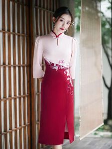 Ropa étnica Rojo Blanco Patchwork Satén Boda Qipao Mujeres Chinas Siete Puntos Manga Alto Split Cheongsam Elegante Vestido Diario