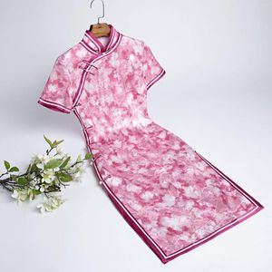 Ropa étnica rosa rojo seda Broadside Cheongsam vestidos Retro estampado hasta la rodilla Qipao Casual señoras vestido chino de talla grande 4XL