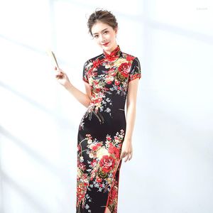 Vêtements Ethniques Sheng Coco Fleur Cheongsam Robes De Soie Lady Élégant Élégant Qipao Noir Robe Orientale Traditionnelle Avec Split XXXL