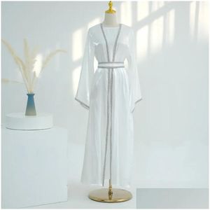 Vêtements ethniques brillant Kimono Abaya Dubai Solin Soft Satin Fix Ruaire en strass Turre ceinturé Cardigan Robe Femme Corban Eid Ramadan 2024 Dhkef