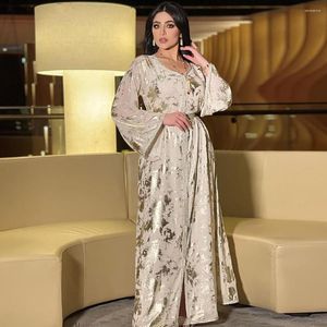 Ropa étnica Estampado Gasa Jellaba Marocaine Mujeres Vestido árabe forrado con cinturón Islam Musulmán Abaya Dubai 2023 Fiesta Ramadán Boda
