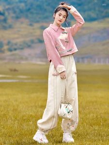 Ropa étnica Conjunto de moda de bordado chino tradicional Abrigo de mujer Top Pantalones casuales Dos piezas Primavera y otoño Estudiante moderno