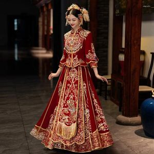 Vêtements ethniques Vintage élégant moderne asiatique rouge velours broderie traditionnelle chinoise style mariée robe de mariée toast cheongsam