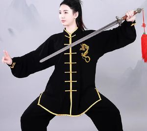 Vêtements ethniques Vente en gros Chinois Hommes Femmes Kung Fu Costumes Brodé Dragon D'or À Manches Longues Tai Chi Martial Art Uniforme Ensemble 231212