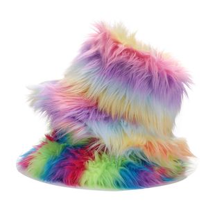 Ropa étnica Personalidad de invierno Tendencia Diseñador Sombrero de cubo Divertido Fluffy Peluche Cap Mujer Hombre Piel larga Rainbow Gradient Hat Mujeres