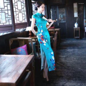 Vêtements ethniques Femmes Imitation Soie Double Couche Cheongsam Robes Longues Bleu Royal Mince Chine Shanghai Qipao 4XL Plus La Taille Oriental