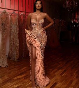 Ethnic Clothing Women High Slit Evening Dress Tulle Prom Elegant Pink Sequins Tube Top Vestidos De Fiesta