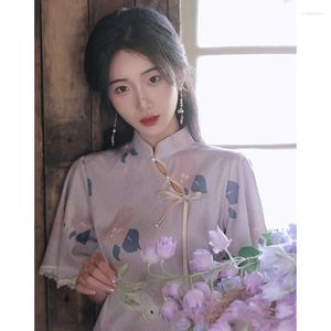 Ropa étnica mujer púrpura vestido Vintage verano Cheongsam dulce corto Floral chino tradicional manga suelta Qipao S a XXL