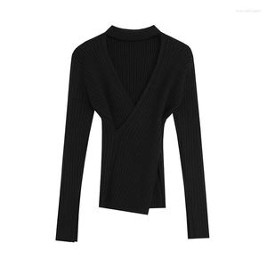 Vêtements ethniques Pull noir à col en V pour femme 2023 Automne Undershirt Top