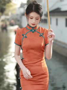 Vêtements ethniques Young Orange Cheongsam La robe de style chinois élégant peut être portée à Ordinary Times Girl Summming
