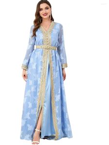 Ropa étnica Zigui Abaya Femme Muslim Dubai V Cuello Cinturón Impresión de hojas Conjunto de 2 piezas Trajes para mujer Damas Elegante Vestido de gasa azul claro