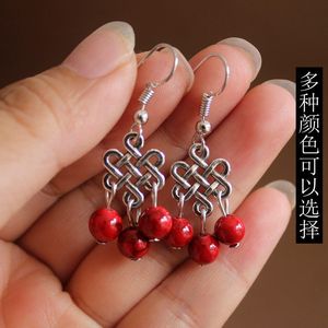 Boucles d'oreilles ethniques en forme de vent, bijoux antiques en argent avec nœud chinois, pierre colorée en Agate, petites boucles d'oreilles pour femmes