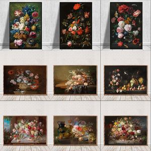 Pintura en lienzo Vintage de Europa, decoración de pared, naturaleza muerta con flores en un jarrón de cristal, póster de arte nórdico e impresiones de imágenes, Cuadros