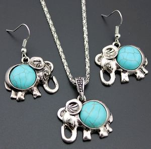 Ensembles de bijoux bébé éléphants européens et américains 2 pièces boucles d'oreilles et collier Long en pierre verte Turquoise 5 ensembles/lot