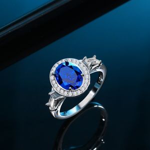 Anillo lujoso de cristal azul real Retro de plata de ley S925 europeo y americano, fabricantes de joyería de alta calidad al por mayor