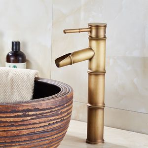 Robinet de lavabo de salle de bains au design européen en bambou, robinet mitigeur d'eau antique à trou unique en cuivre noir, robinets de lavabo montés sur le pont d'eau chaude et froide