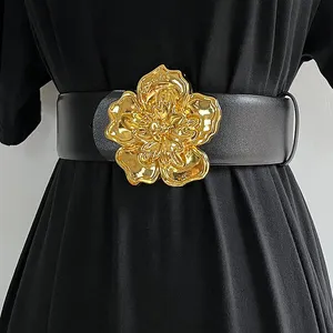 Marque européenne véritable cuir de vache femmes ceinture 2024 large Double face ceinture Femme peau de vache en métal fleur boucle Cinture