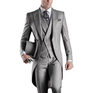 Style européen Slim Fit marié Tailcoats gris clair sur mesure bal garçons d'honneur hommes costumes de mariage veste pantalon gilet cravate Hanky243z