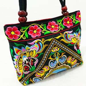 Bolsos de noche bordado bolso de hombro de viaje étnico mujeres hecho a mano flor de doble cara vintage bordado lienzo cuentas de madera bolso de noche