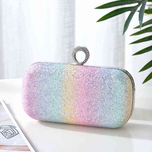 Bolsos de noche Anillo de dedo Diamantes Mujeres de lujo Bolsos de noche Arco iris Damas Pequeño Día Embrague Diseño de lentejuelas Monedero 220323