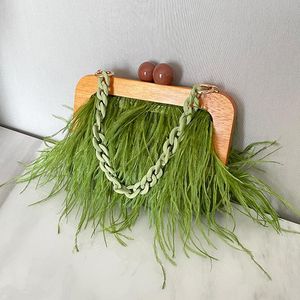 Bolsos de noche, bolso de lujo con plumas de avestruz, bolso de madera Retro para mujer, cadena acrílica colorida, bolsos de mano para fiesta, bolso de mensajero para mujer, bolso de noche