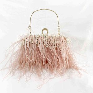 Bolsos de noche Embrague de dinero Pelo de avestruz Bolsos de embrague de noche Piel de celebridad Fiesta de banquete de mano Bolso rosa Cadena de perlas Bolso de mujer 220328