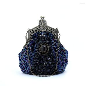 Bolsos de noche azul marino con cuentas de lentejuelas para mujer, bolso de boda para banquete, bolso de mano, bolso de mano para fiesta nupcial, bolso de maquillaje, monedero 03321-F