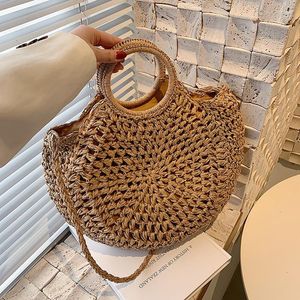 Bolsas de noche Bolso redondo de paja tejido de verano de gran capacidad de ratán playa casual hecho a mano hombro crossbody bolso portátil bolsa de asas