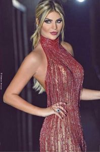 Elegant Sleeveless Halter Beaded Tassel Evening Dress Inspired by Yousef Aljasmi & Kim Kardashian