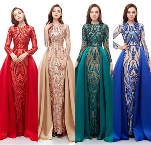 Image réelle Champagne Rouge Bleu Vert Foncé Robes De Bal 2019 Dentelle Paillettes Manches Longues Train Détachable Robe De Soirée Formelle Robes De Soirée