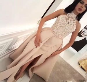 Soirée longue arabe cristal perlé 2018 High Neck illusion côté partage de champagne de champagne robes de célébrités