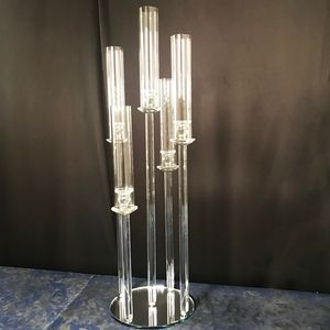 Suministros para fiestas, venta al por mayor nuevo diseño romántico 5 brazos candelabro de cristal candelabro mesa de boda centro de mesa senyu614