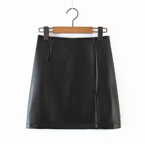 Evfer Femmes Élégant Taille Haute Noir Faux Cuir Mini Jupes Chic Lady Mode Retour Zipper Slim Jupe Fille Slit Court Pu 210421