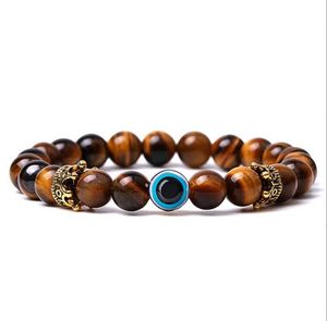 Evil Eye Piedra natural Cuentas Hebras Pulsera Joyas de diseñador Corona de oro Turquesa blanca Ojos de tigre Hematita Para hombres Mujeres Amantes Pulseras de cuerda elástica 12 colores