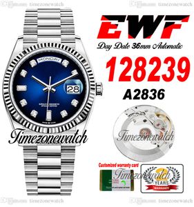 EWF DayDate 36 mm 128239 A2836 Reloj automático para hombre Eta D-Esfera azul Marcadores de diamantes Pulsera de acero Oyster Misma tarjeta de serie Super Edition Timezonewatch F6