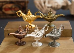 Excellent conte de fées Aladdin lampe magique brûleur d'encens Vintage rétro théière génie lampe arôme pierre maison ornement métal artisanat JN08