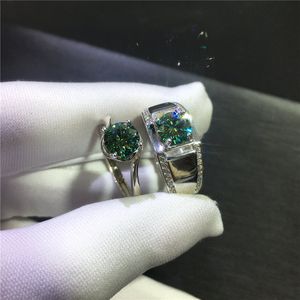 Excelente prueba de diamante redondo aprobada, anillos de pareja de moisanita verde, joyería de plata 925 Esmeralda para hombres y mujeres
