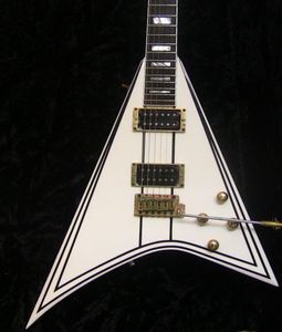 Exclusivo Randy Rhoads RR 1 Black Pinstripe White Flying V Guitarra eléctrica Bloque de hardware dorado MOP Inlay Tremolo Tailpiece4869816