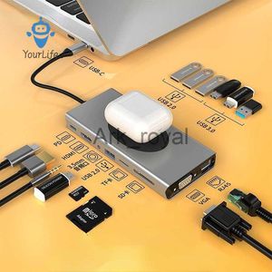 Accesorios de tableros de expansión 10 en 1 estación de acoplamiento de la computadora portátil USBC Thunderbolt 4 Dock 4K HDMI para MacBook Pro Hub Typec 15 en 1 Cargo inalámbrico RJ45PDSD J230721