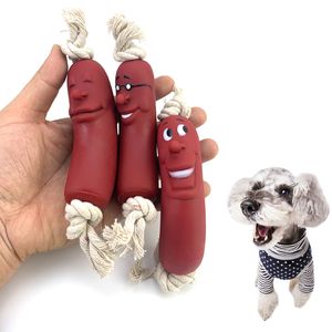 Jouet pour chien d'expression Saucisse rouge Visage souriant mignon Chiens en latex sain Morsure Corde en coton Jouet pour petit chiot moyen Fournitures pour animaux de compagnie