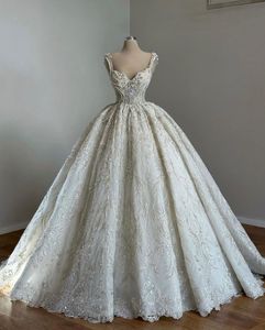 Robe de bal exquise robes de mariée sans manches col en V bretelles paillettes appliques volants fermeture éclair perles diamants cristaux plus la taille robes de mariée robe de novia