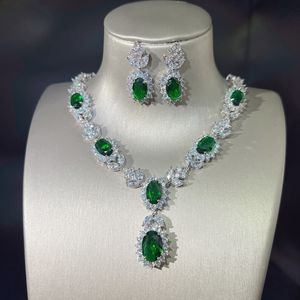 Exquisito cristal esmeralda S925 collar de boda de plata pendiente con incrustaciones de circonita AAA brillante para mujeres conjuntos de joyería de compromiso 240226