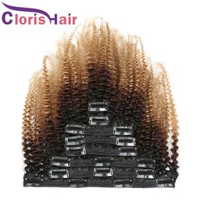 Exquisito clip rizado rizado en extensiones 1B/4/27 Honey Blonde Ombre Malasia Virgin Afro Curls Clips In on Human Hair Weave 8pcs 120G