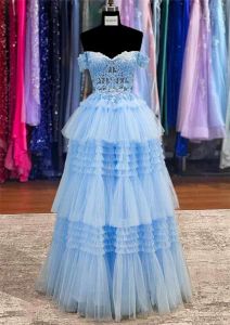 Robes de soirée jupe tutu bleu clair exquise une ligne épaules dénudées appliques perles volants longues robes de bal robes de bal BC18407
