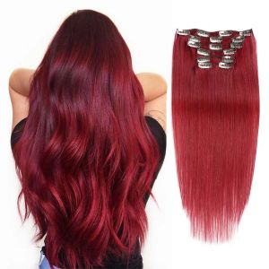 Extensions Clip Dans Extensions De Cheveux Vrais Cheveux Humains 1418 Pouce 7pcs Extension De Cheveux Humains Clip Ins Bourgogne Vin Rouge Longue Tête Complète Pour Les Femmes